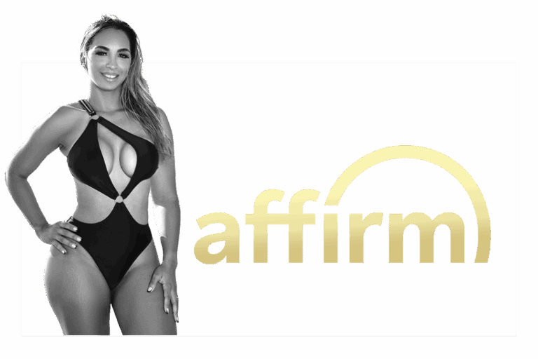 Smiling woman in a black one-piece swimsuit standing beside the Affirm logo, representing cosmetic surgery financing options available through Affirm.