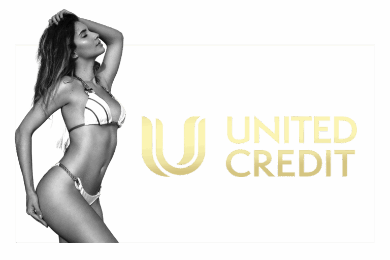 Woman in a white bikini posing beside the United Credit logo, representing plastic surgery financing options available through United Credit.